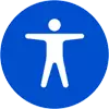 Kreisrunde blaue Fläche mit einer Figur in weiß, die ihre Arme ausbreitet.